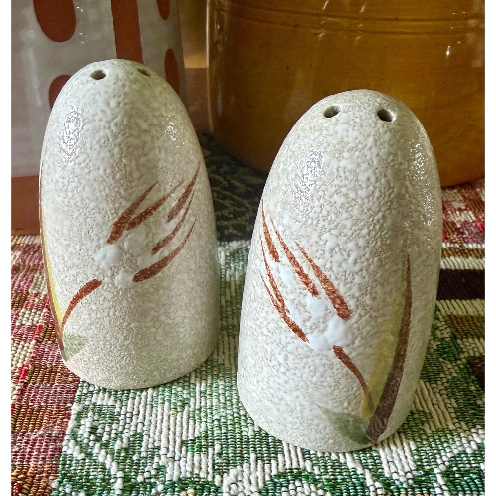 Vintage Japanese Stoneware Salt & Pepper Shakers Textured Abstract Floral Japan